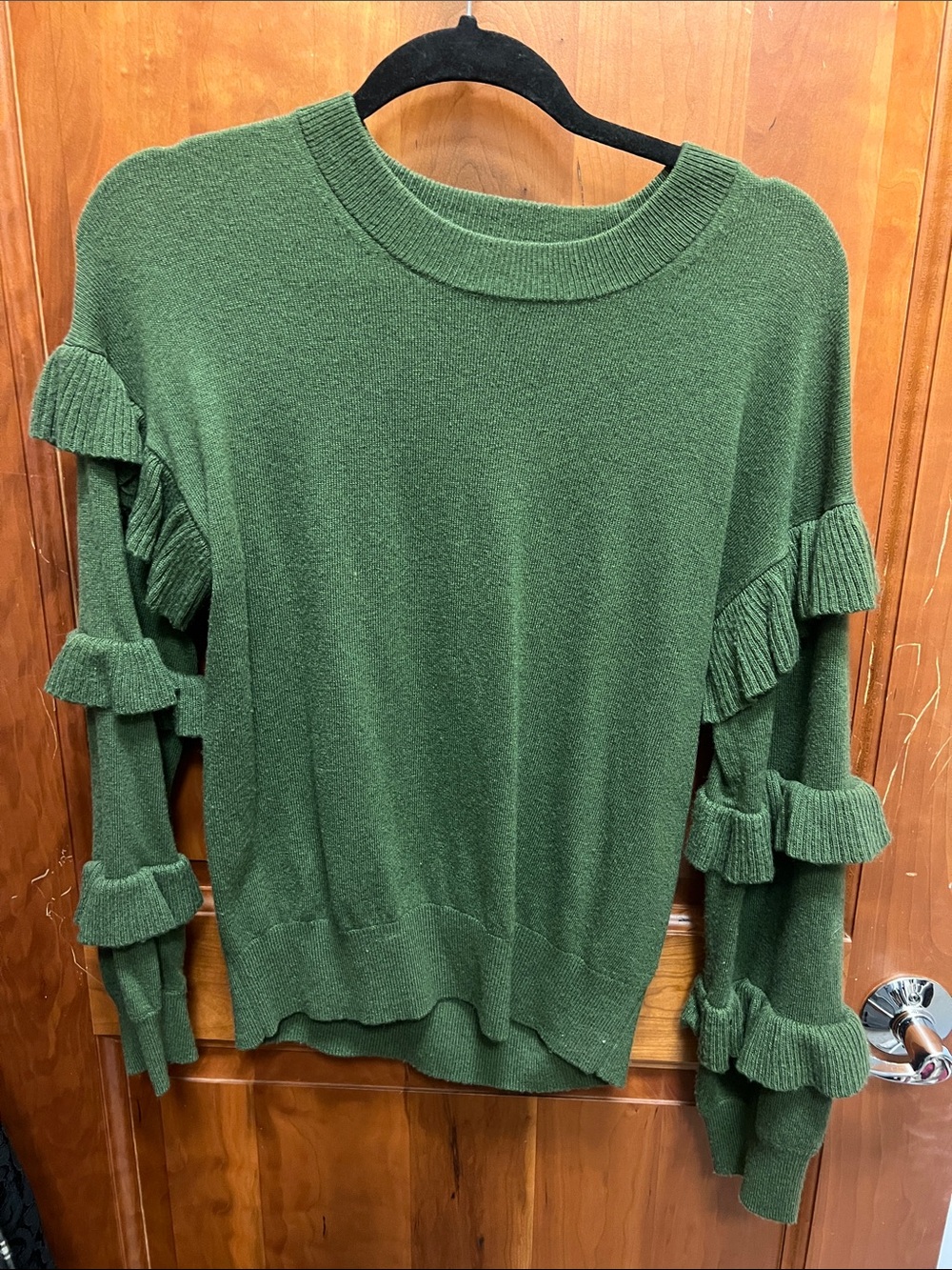 J. Crew Dark Green Ruffle-Sleeve Crewneck Sweater